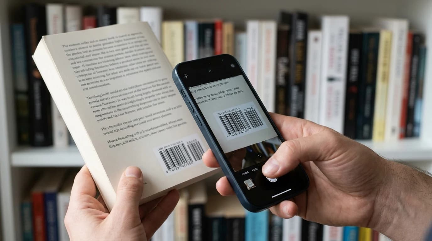 Primer plano de una persona sosteniendo un libro y apuntando con la cámara de un teléfono móvil hacia el código de barras de la contraportada, frente a una estantería.