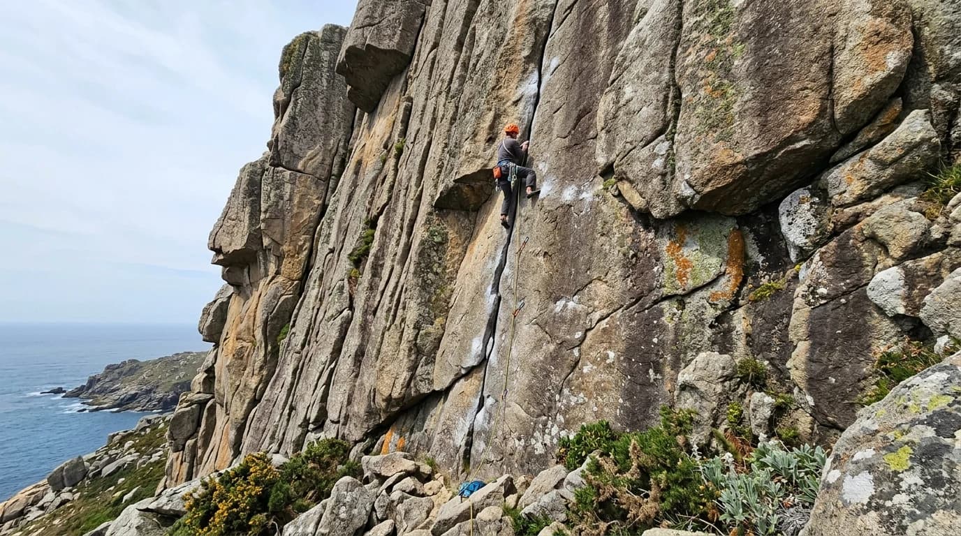 Escalador asegurado progresando por una fisura en una pared de granito vertical con el mar de fondo.