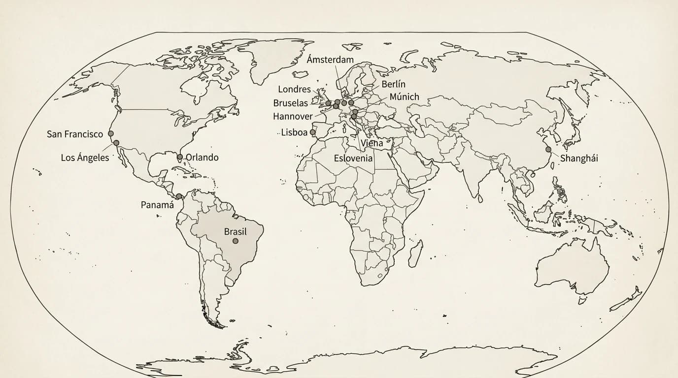 Mapamundi en tonos sepia con puntos y etiquetas que marcan las quince ciudades y países visitados por trabajo.