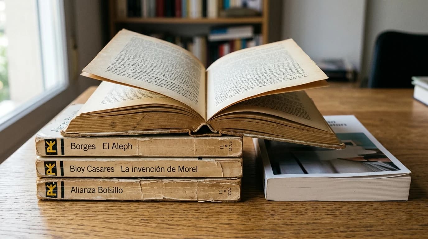 Pila de libros de bolsillo antiguos con uno abierto sobre ellos y un libro moderno al lado sobre una mesa de madera.