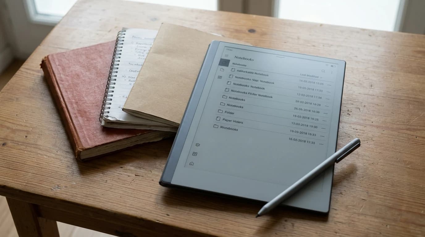 Tableta reMarkable sobre una mesa de madera junto a su lápiz táctil y varias libretas de papel tradicionales.