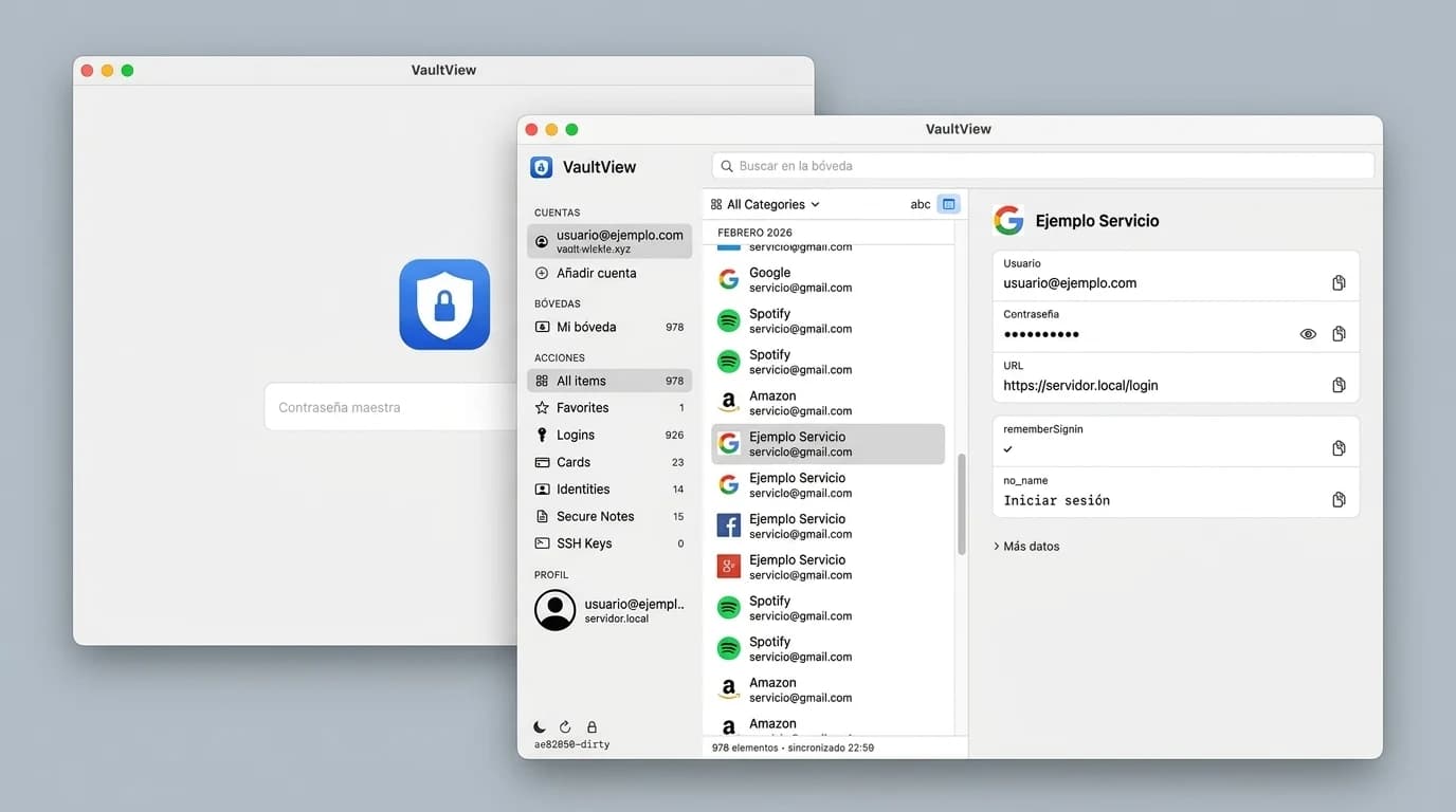 Capturas de la aplicación nativa VaultView en macOS mostrando la pantalla de desbloqueo con contraseña maestra y la vista principal con la lista de credenciales anonimizadas.