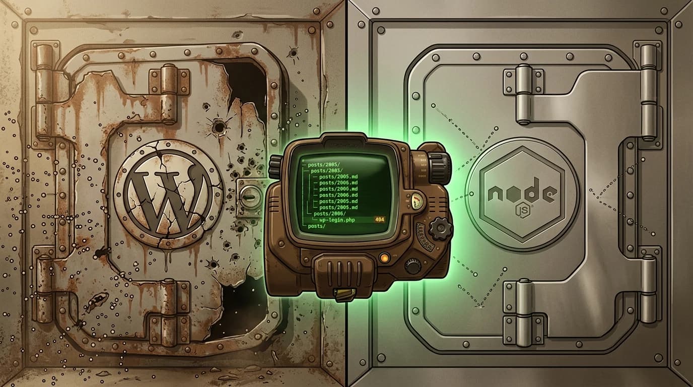 Ilustración estilo búnker de Fallout con dos puertas: una oxidada y perforada con el logo de WordPress y otra blindada con el logo de Node.js, con un Pip-Boy central mostrando un árbol de ficheros Markdown y un 404 para wp-login.php.