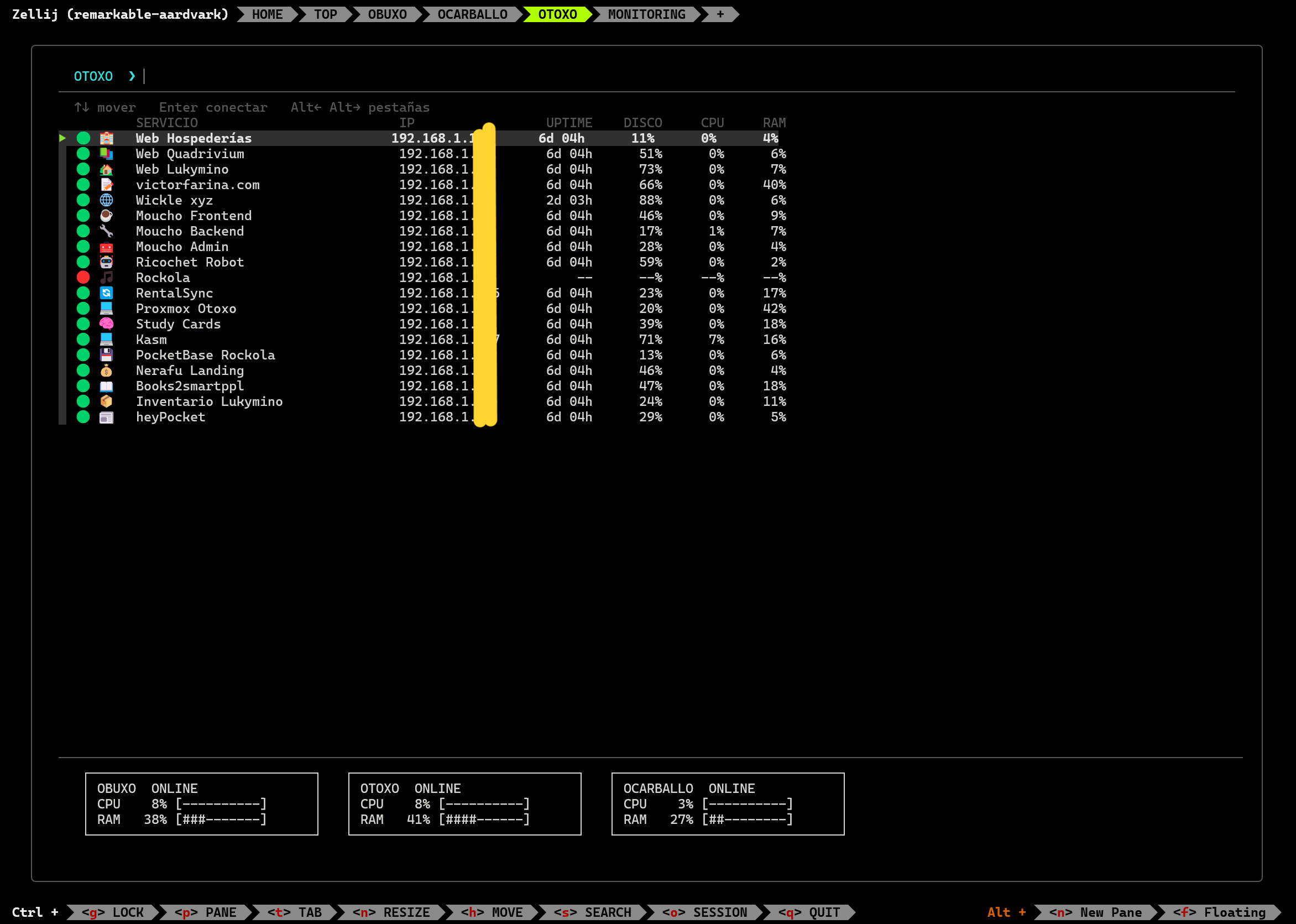 Vista TOP de mi consola: servicios favoritos, direcciones IP, estado, tiempo de actividad y consumo de recursos de cada máquina. En la parte inferior aparecen las métricas de los tres nodos Proxmox.